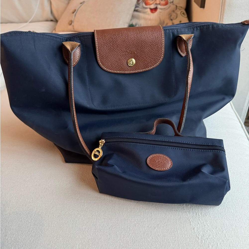 Longchamp Navy Tote and Pouch